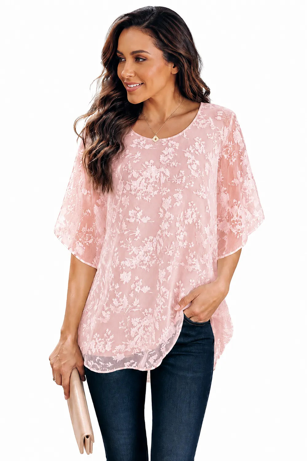 Floral Lace Overlay Formal Blouse