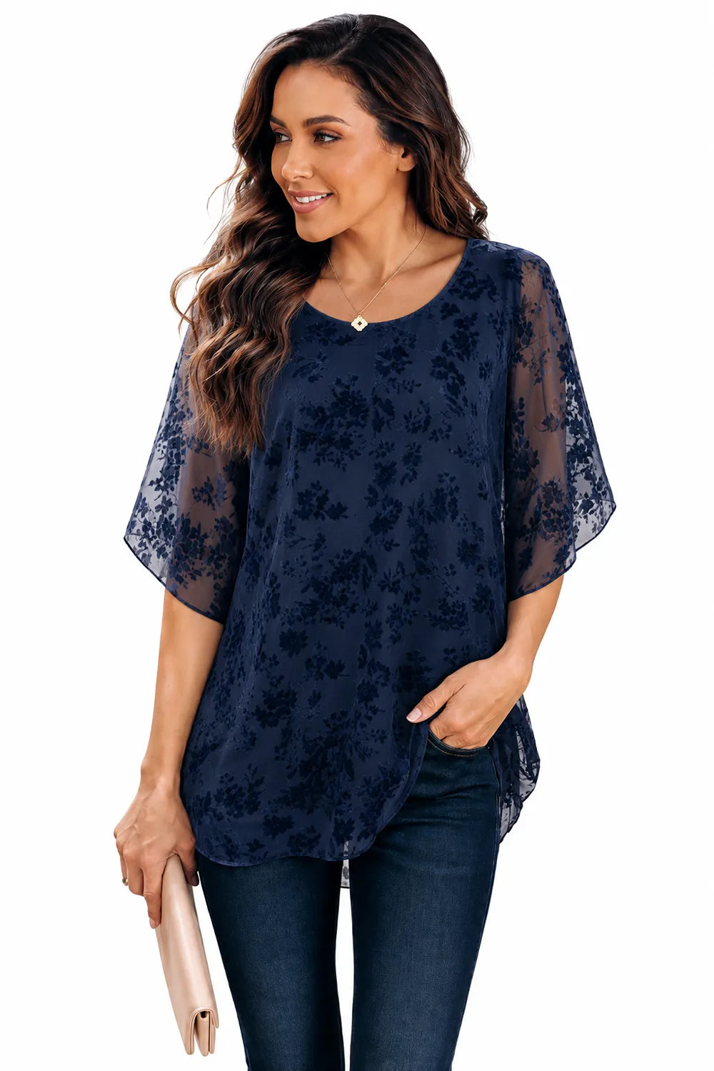 Floral Lace Overlay Formal Blouse