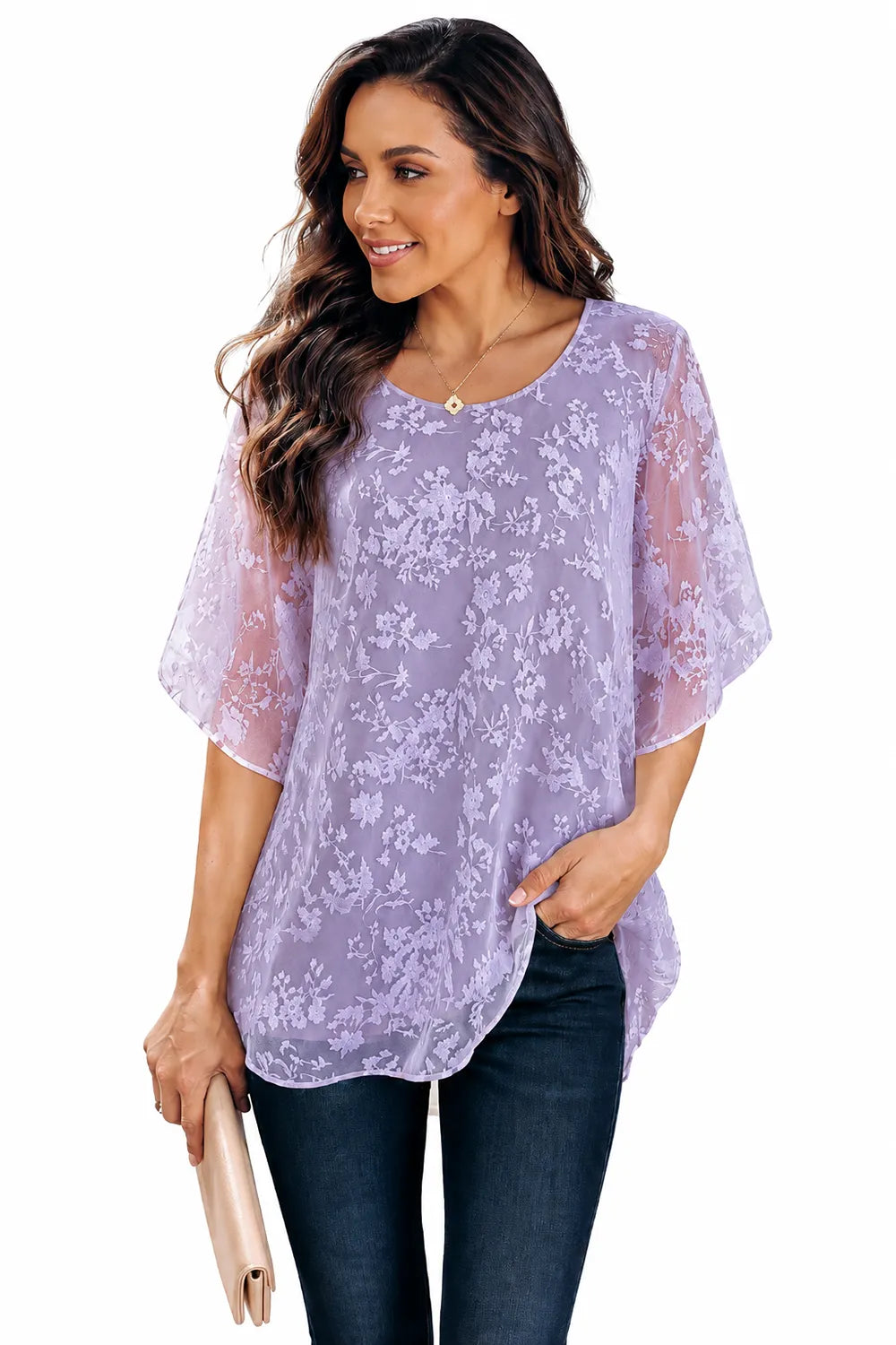 Floral Lace Overlay Formal Blouse