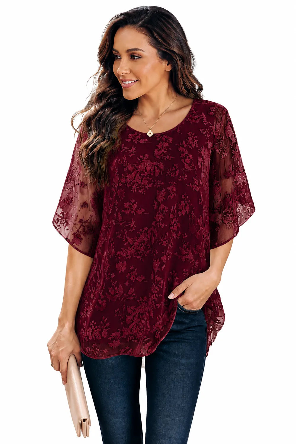 Floral Lace Overlay Formal Blouse