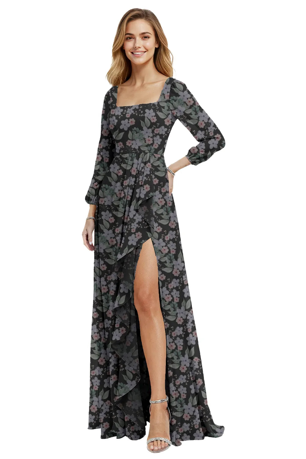 Long Sleeve Floral Chiffon Maxi Dress with Ruffle Slit