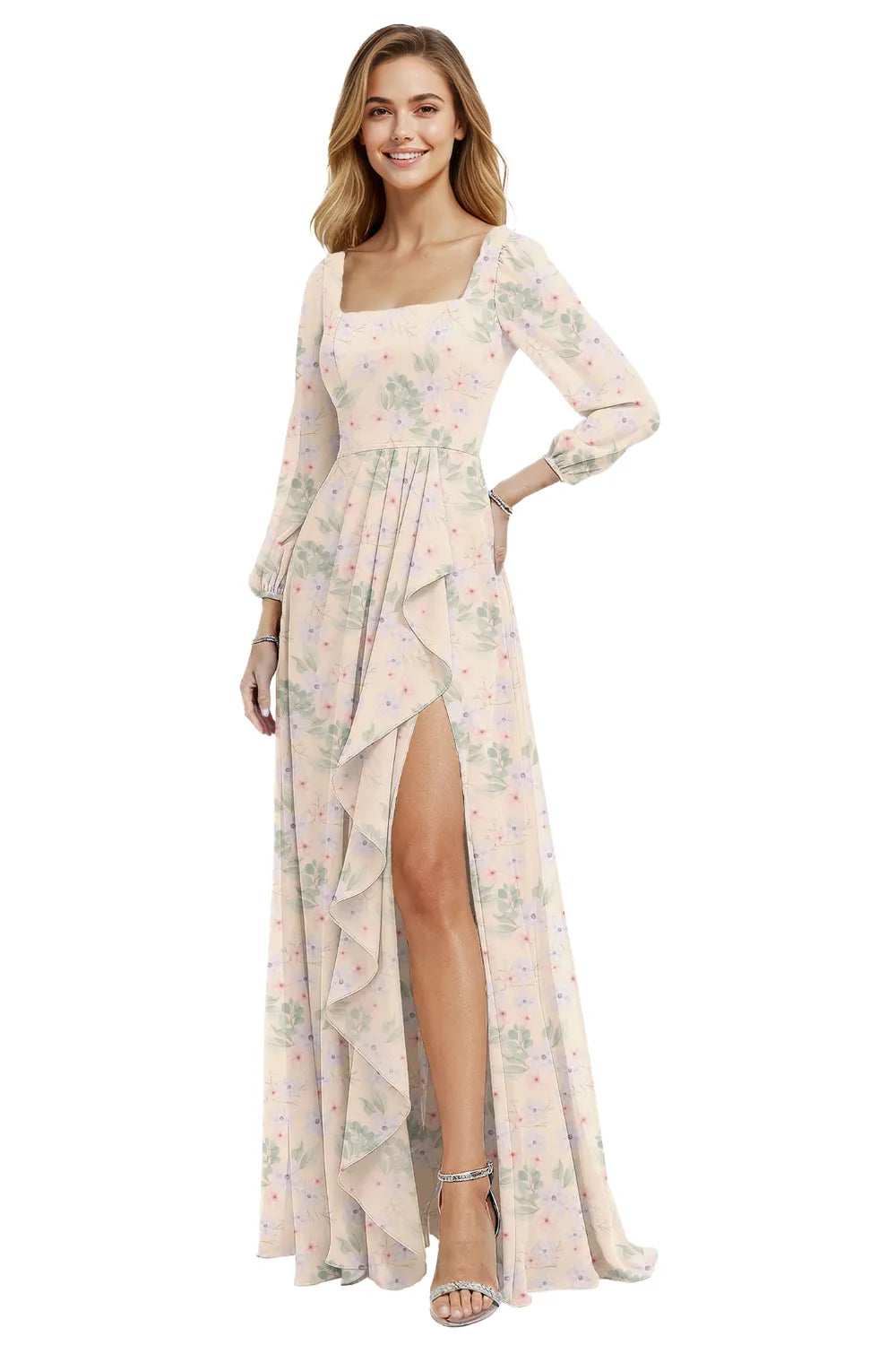 Long Sleeve Floral Chiffon Maxi Dress with Ruffle Slit