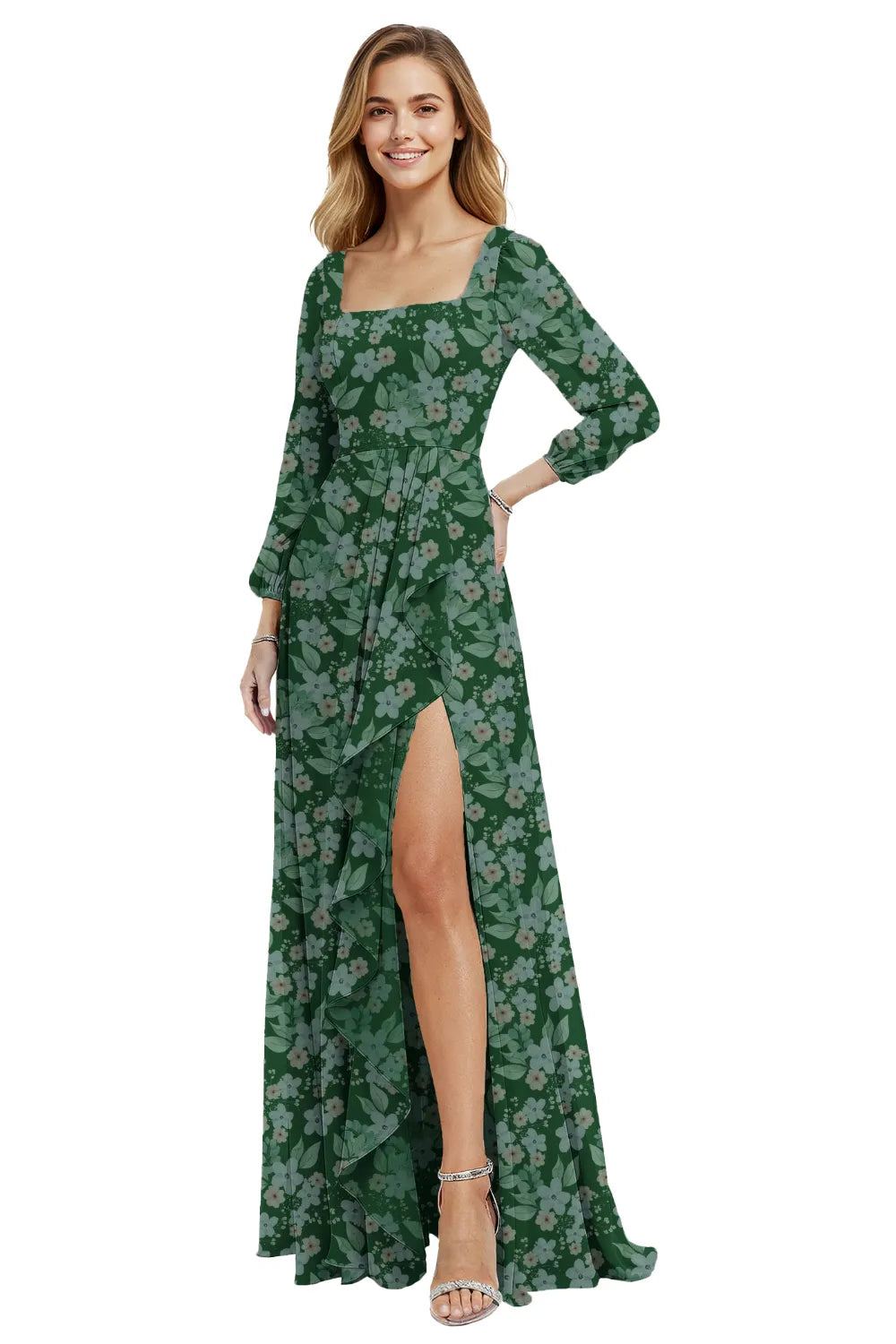 Long Sleeve Floral Chiffon Maxi Dress with Ruffle Slit