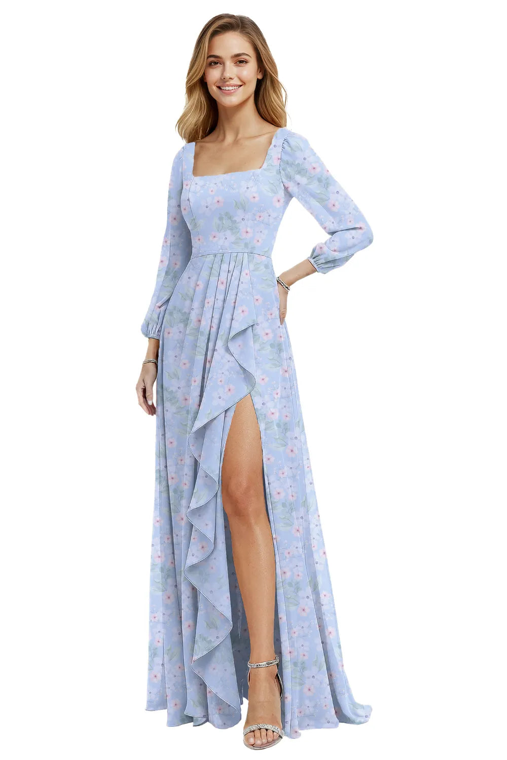Long Sleeve Floral Chiffon Maxi Dress with Ruffle Slit