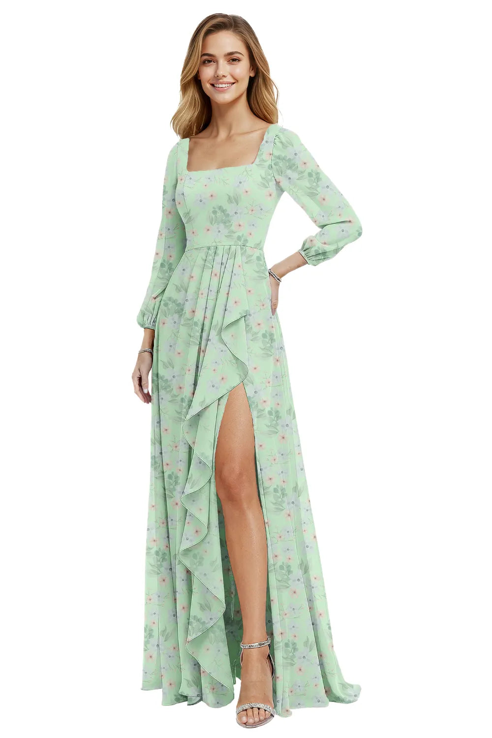 Long Sleeve Floral Chiffon Maxi Dress with Ruffle Slit