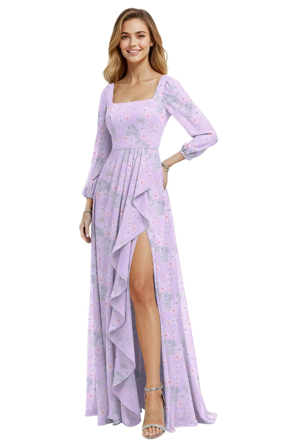 Long Sleeve Floral Chiffon Maxi Dress with Ruffle Slit