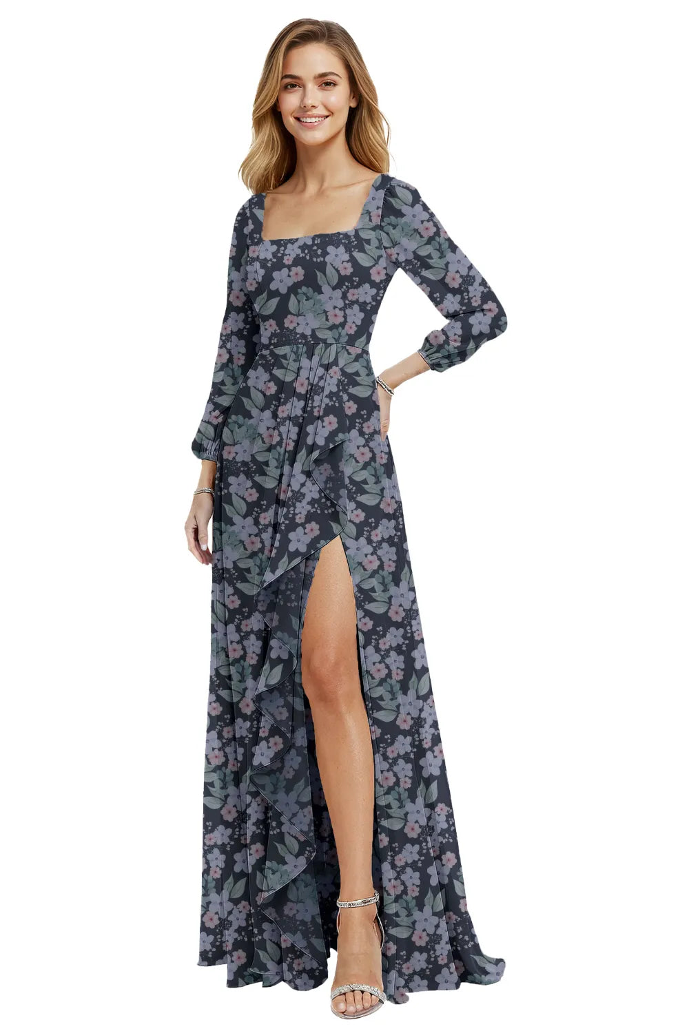 Long Sleeve Floral Chiffon Maxi Dress with Ruffle Slit