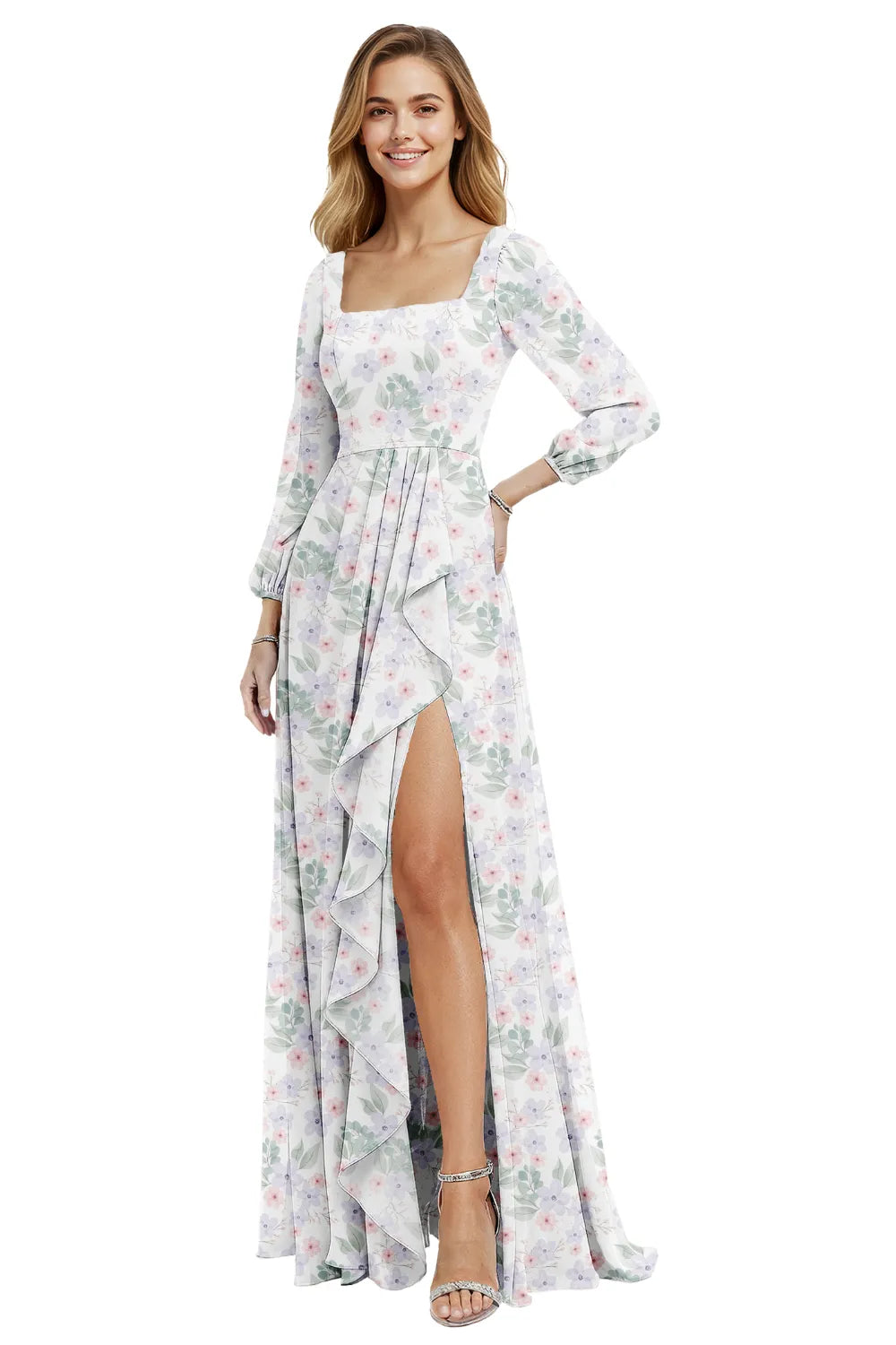Long Sleeve Floral Chiffon Maxi Dress with Ruffle Slit