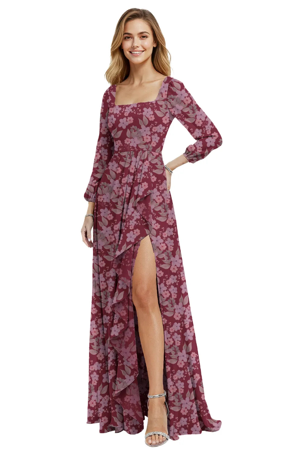 Long Sleeve Floral Chiffon Maxi Dress with Ruffle Slit