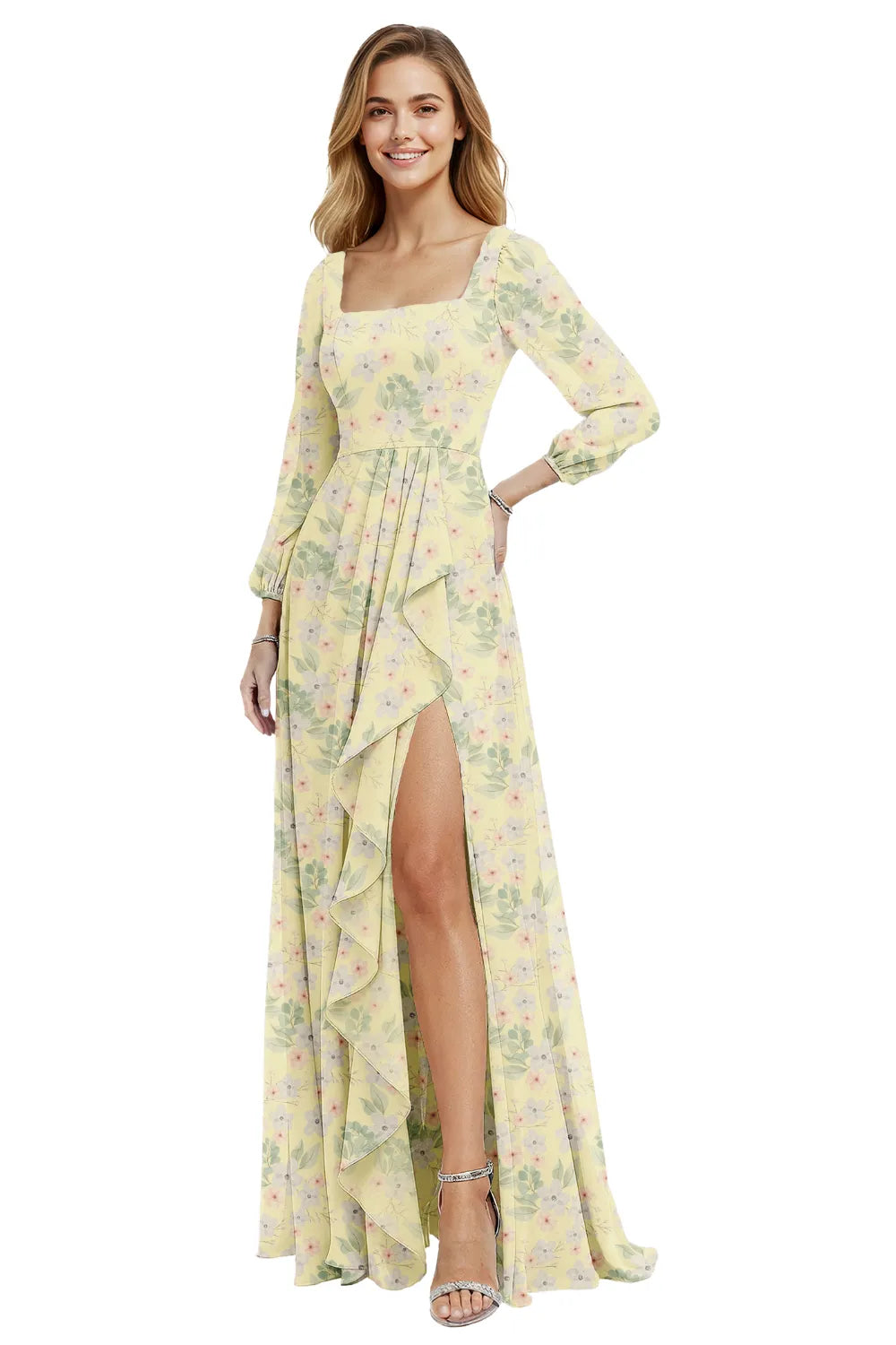 Long Sleeve Floral Chiffon Maxi Dress with Ruffle Slit