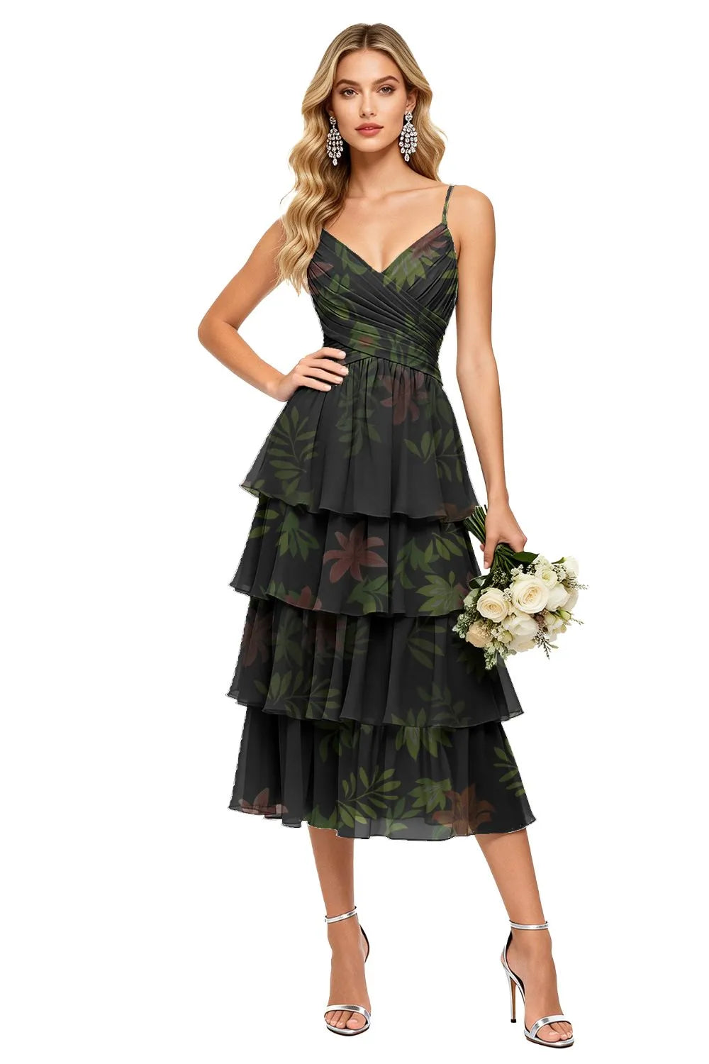 Romantic Cascade Floral Chiffon Dress