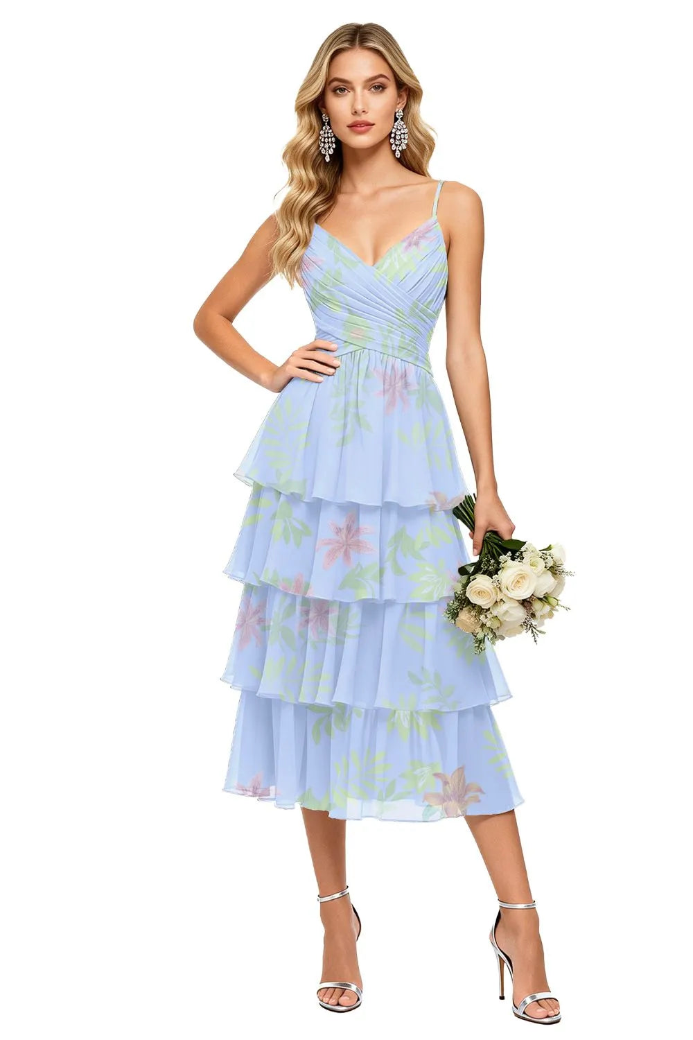 Romantic Cascade Floral Chiffon Dress
