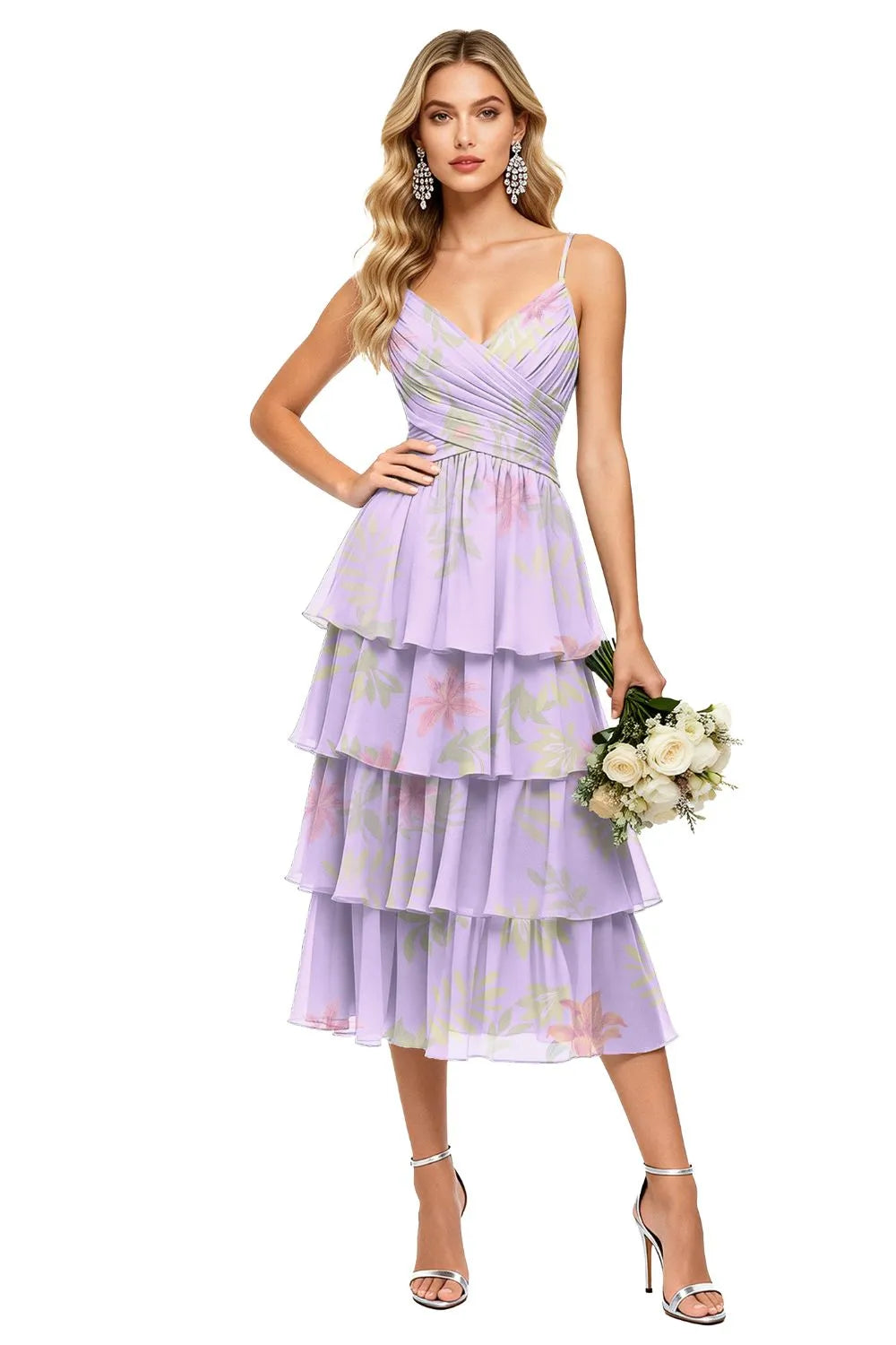 Romantic Cascade Floral Chiffon Dress