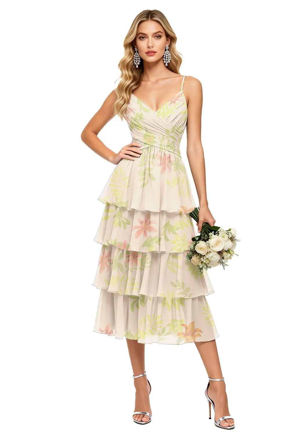 Romantic Cascade Floral Chiffon Dress