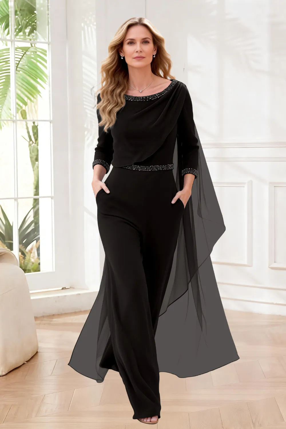 Chiffon Overlay Wide Leg Jumpsuit
