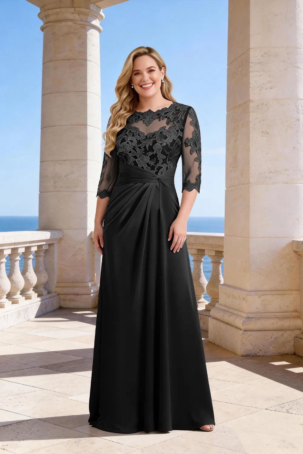 Plus Size Lace Sleeve Formal Maxi Dress