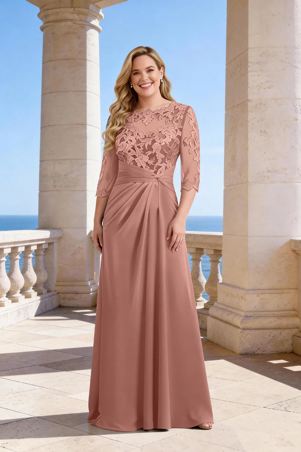 Plus Size Lace Sleeve Formal Maxi Dress