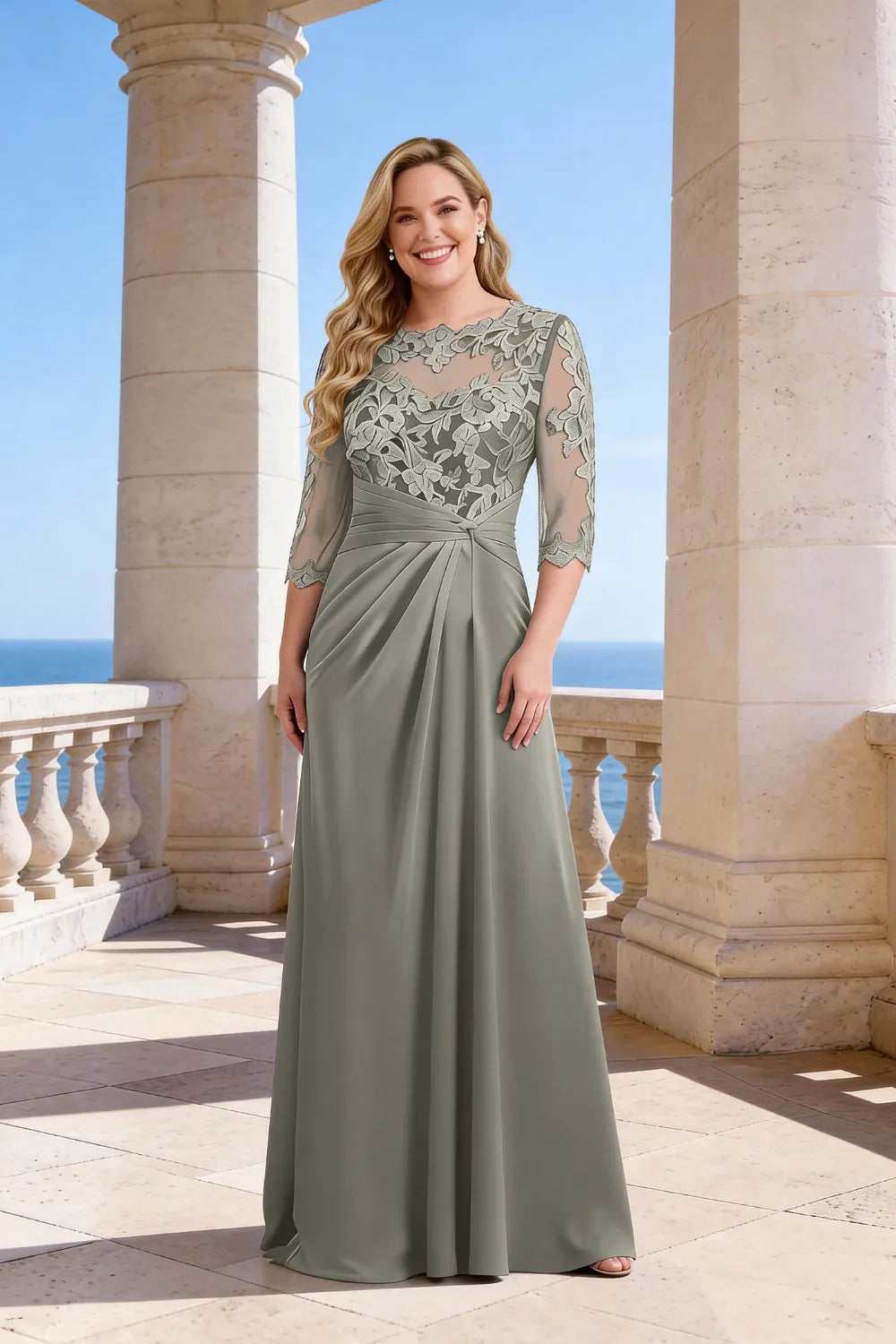 Plus Size Lace Sleeve Formal Maxi Dress