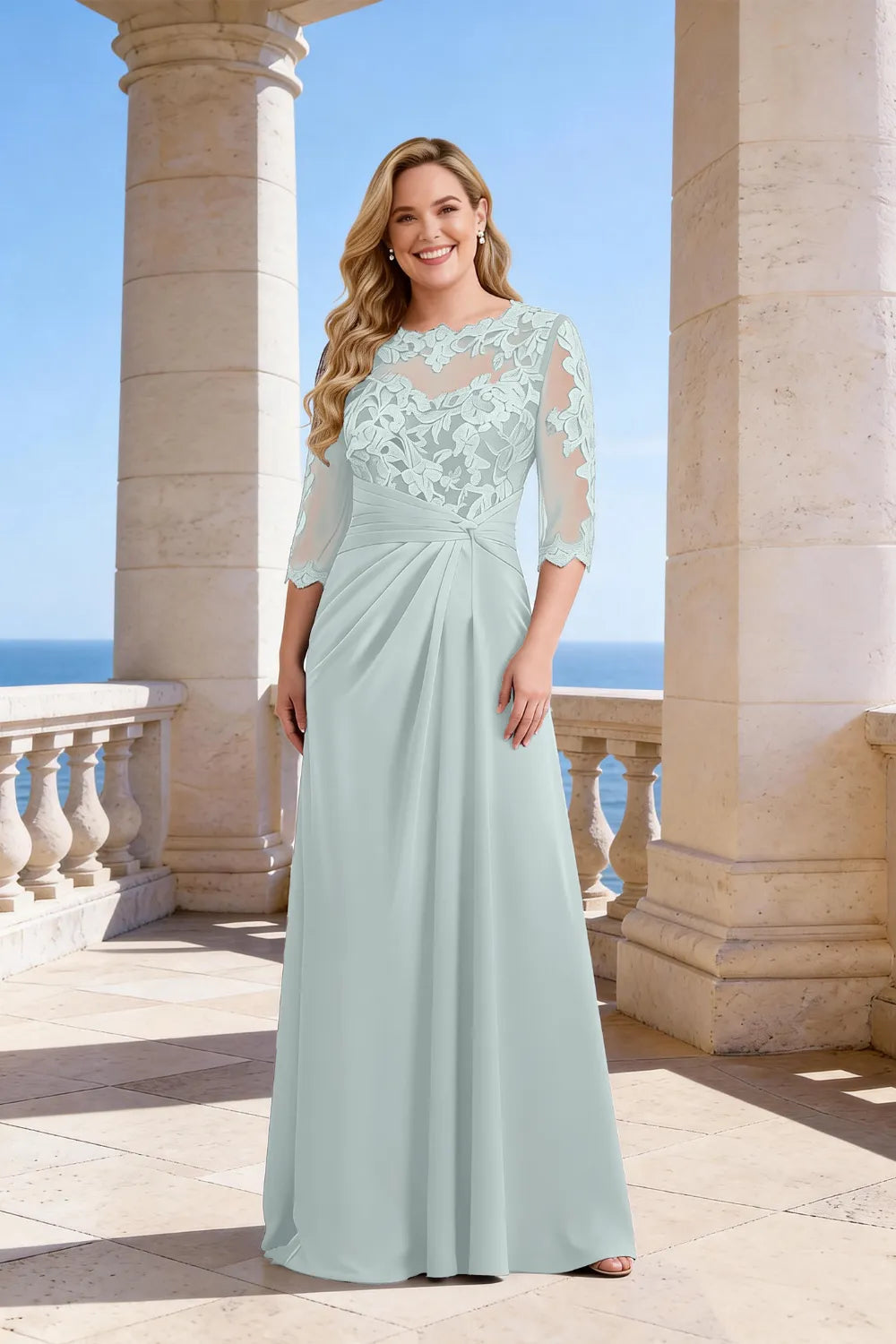 Plus Size Lace Sleeve Formal Maxi Dress