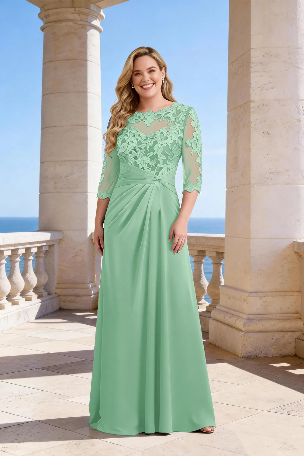 Plus Size Lace Sleeve Formal Maxi Dress