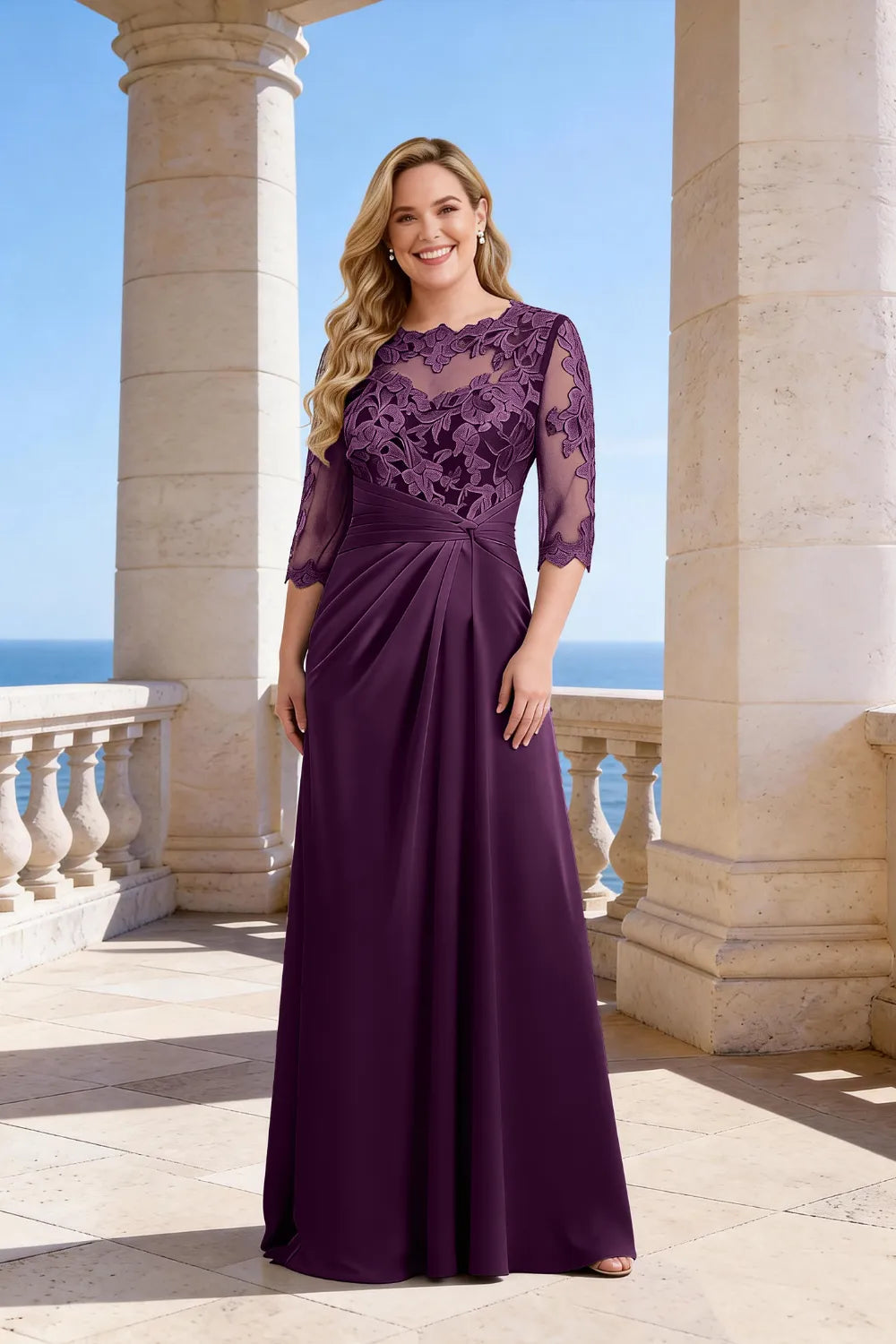 Plus Size Lace Sleeve Formal Maxi Dress