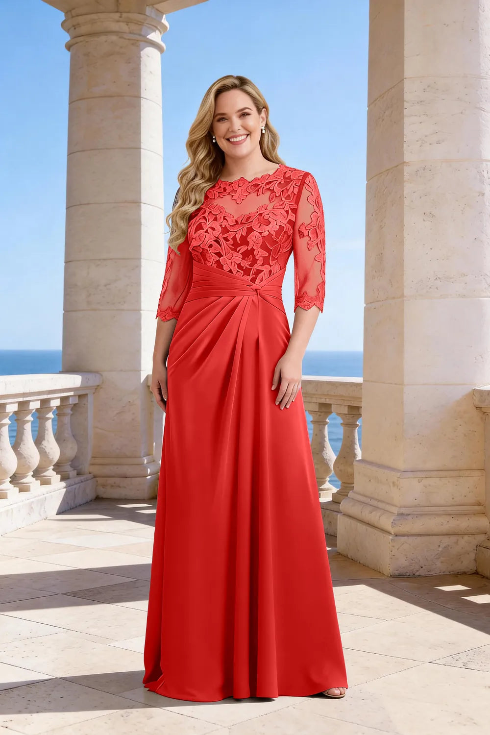 Plus Size Lace Sleeve Formal Maxi Dress