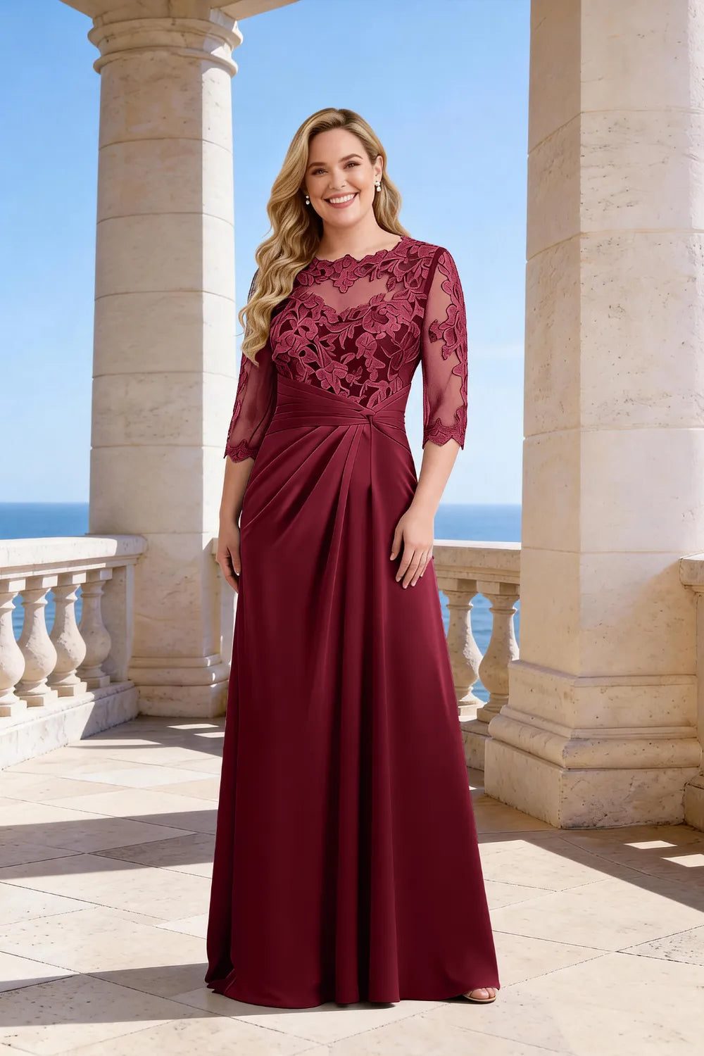 Plus Size Lace Sleeve Formal Maxi Dress