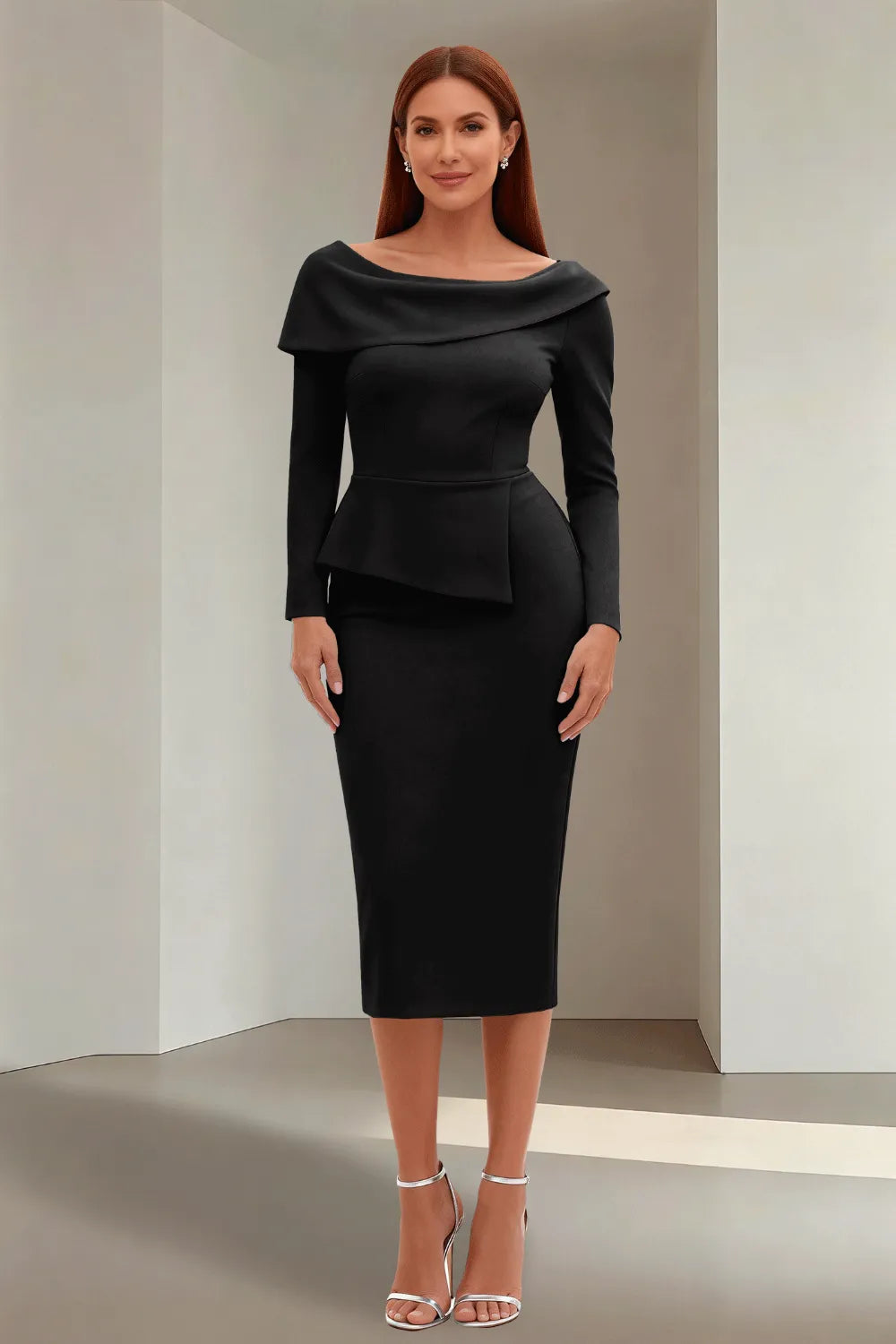 Simple Long Sleeve Formal Evening Midi Dress