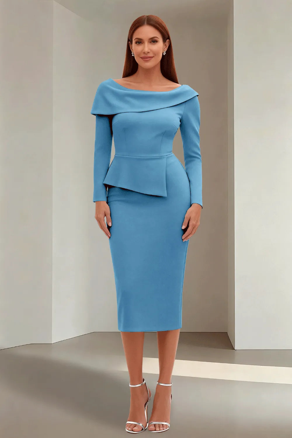 Simple Long Sleeve Formal Evening Midi Dress