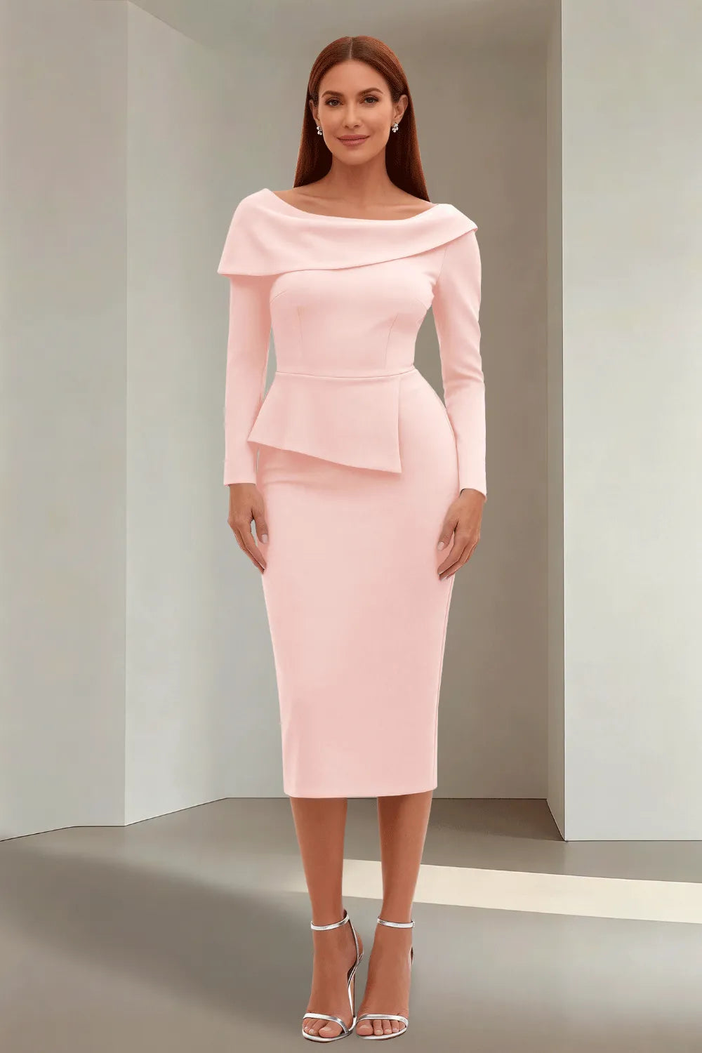 Simple Long Sleeve Formal Evening Midi Dress