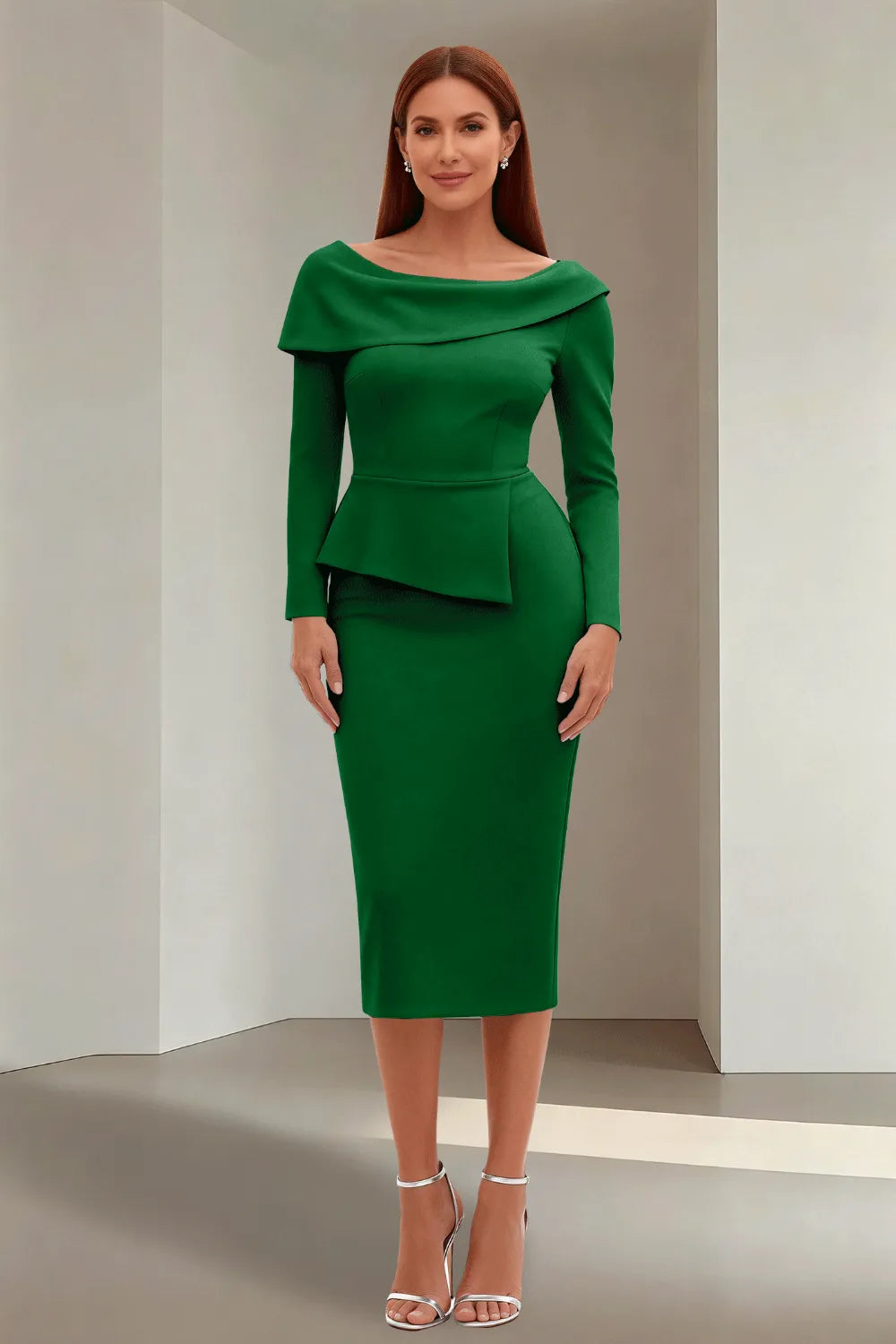 Simple Long Sleeve Formal Evening Midi Dress