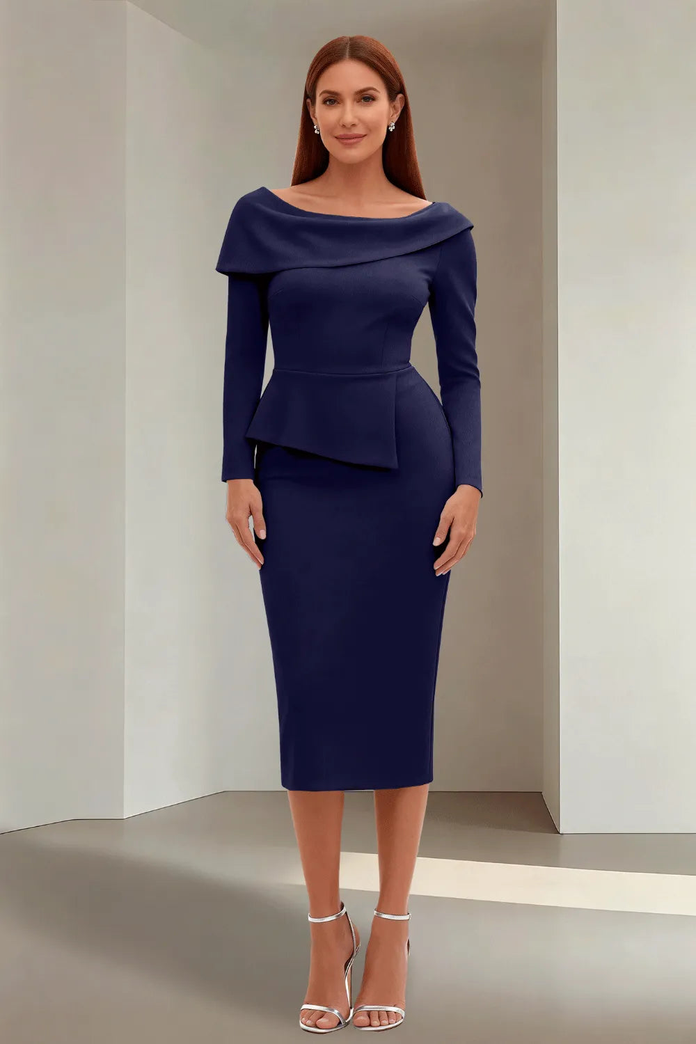 Simple Long Sleeve Formal Evening Midi Dress