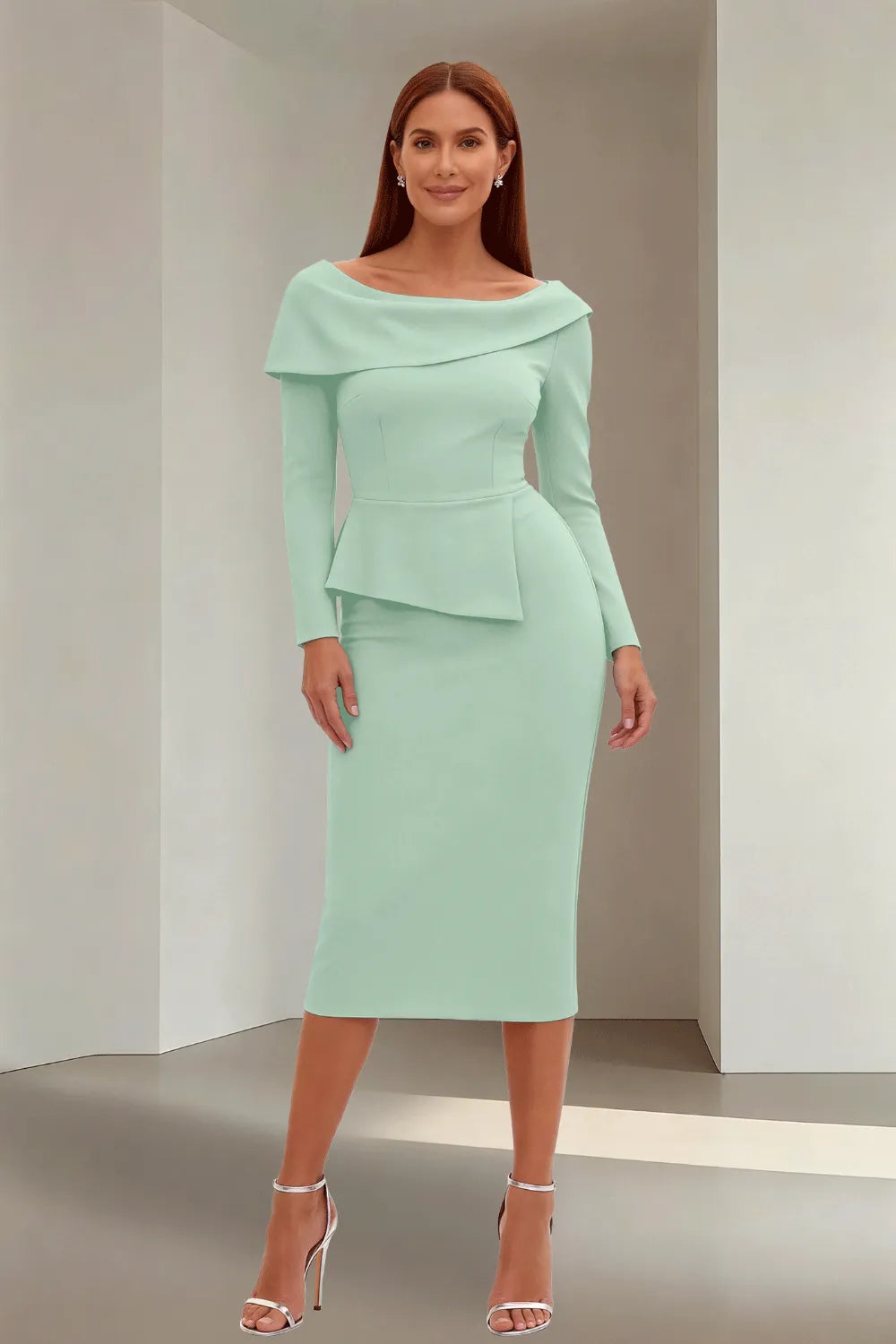 Simple Long Sleeve Formal Evening Midi Dress