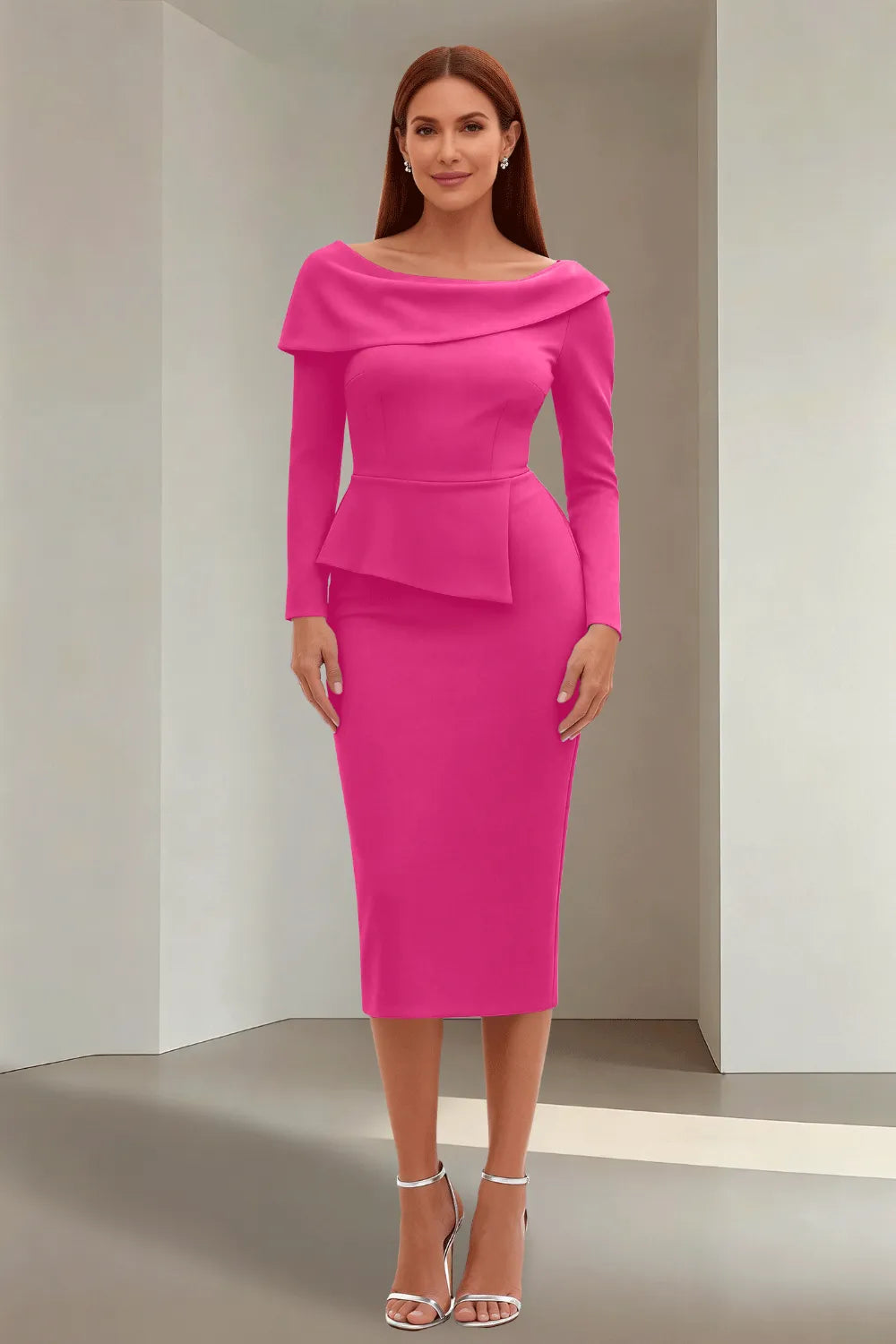 Simple Long Sleeve Formal Evening Midi Dress