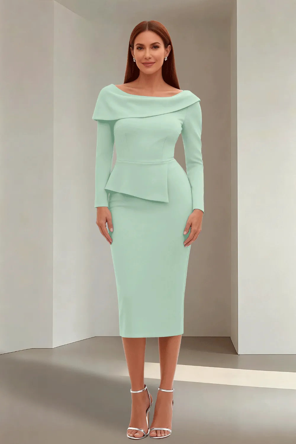 Simple Long Sleeve Formal Evening Midi Dress