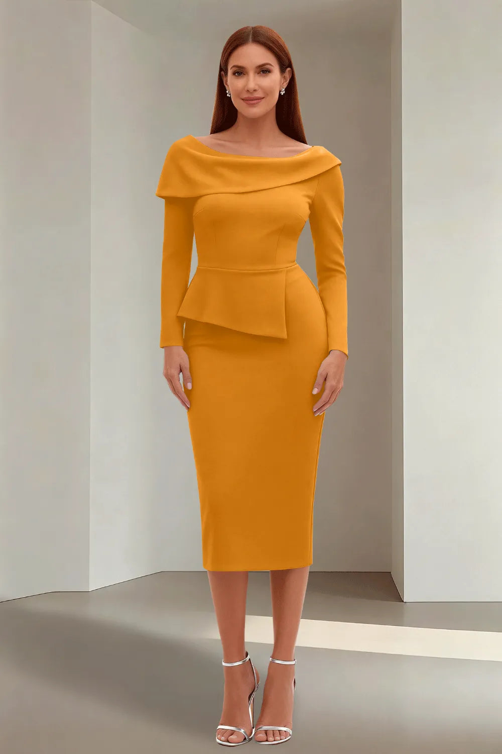 Simple Long Sleeve Formal Evening Midi Dress