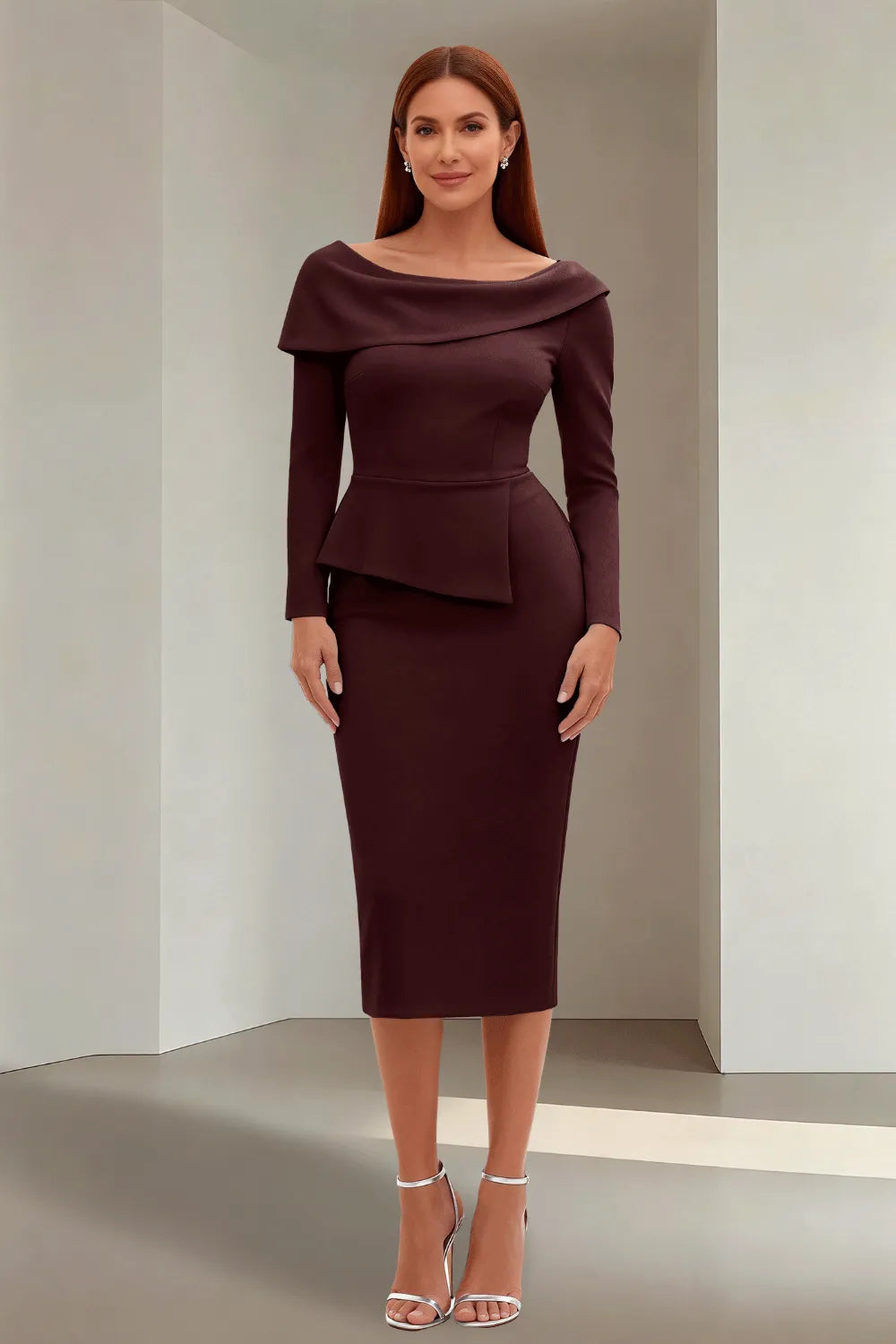 Simple Long Sleeve Formal Evening Midi Dress