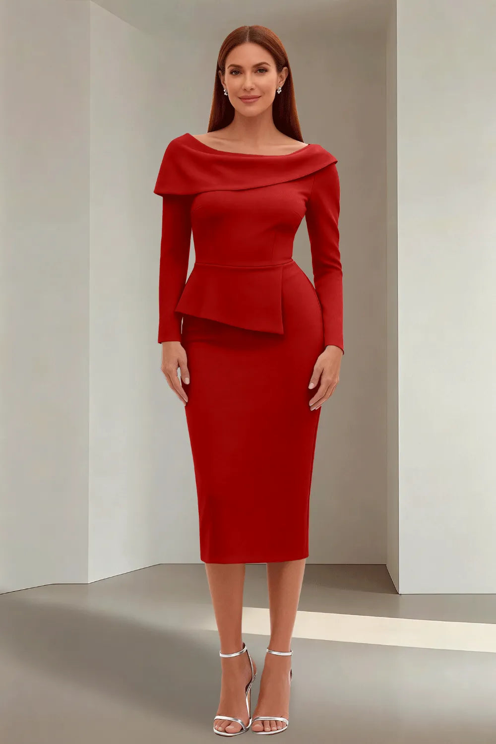 Simple Long Sleeve Formal Evening Midi Dress