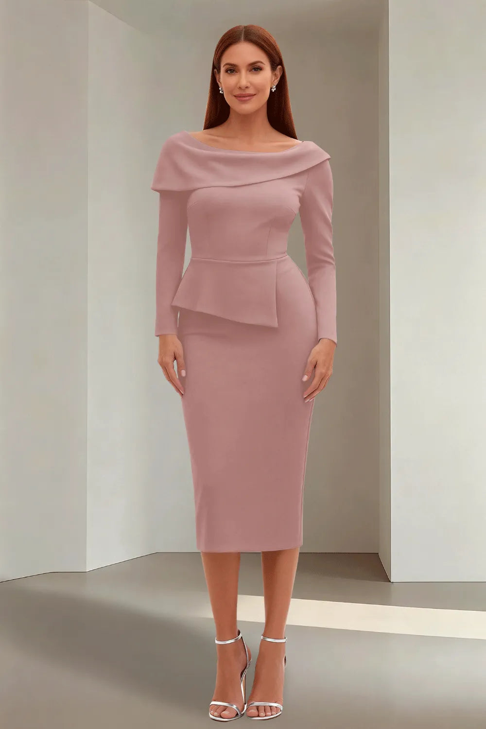 Simple Long Sleeve Formal Evening Midi Dress