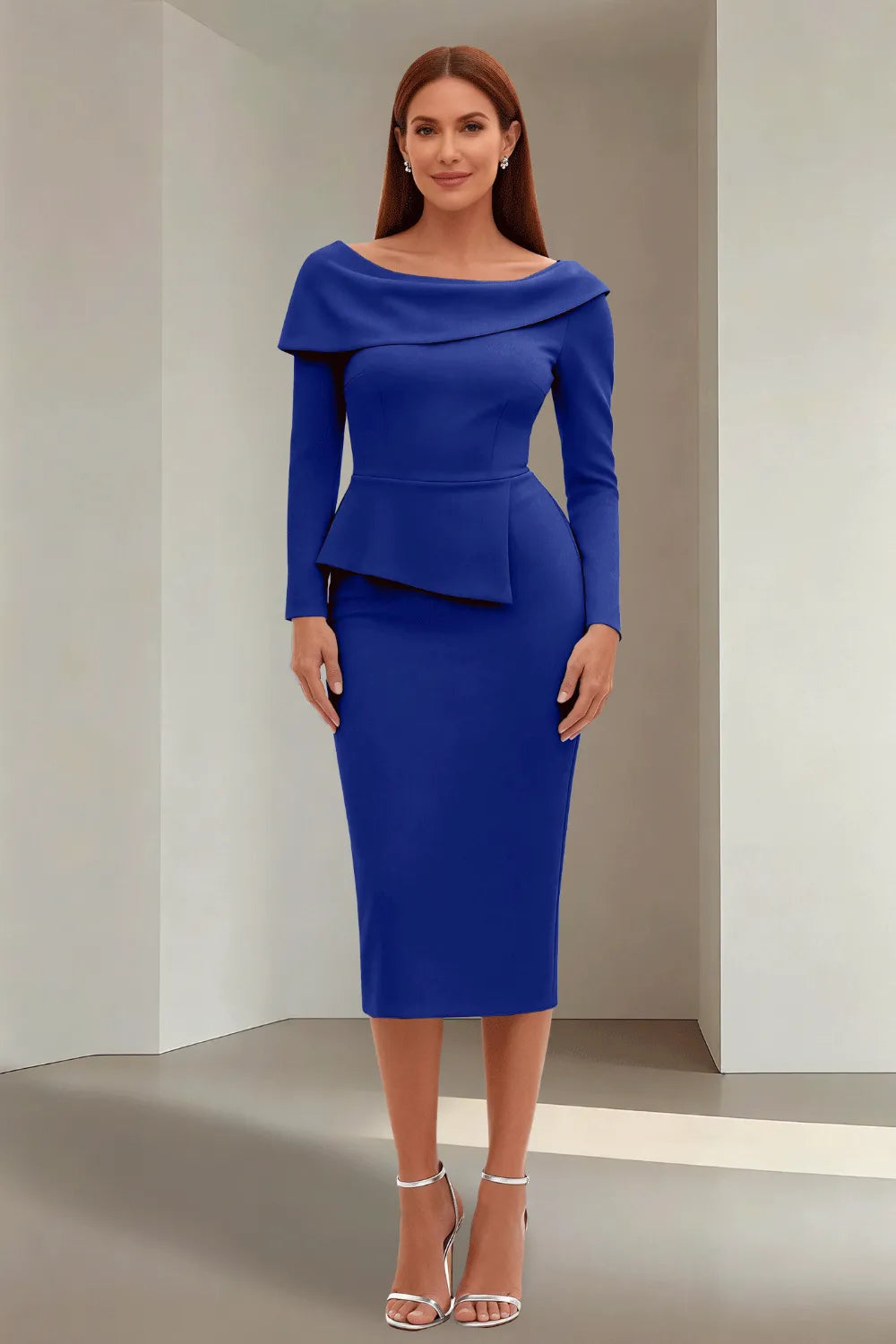 Simple Long Sleeve Formal Evening Midi Dress