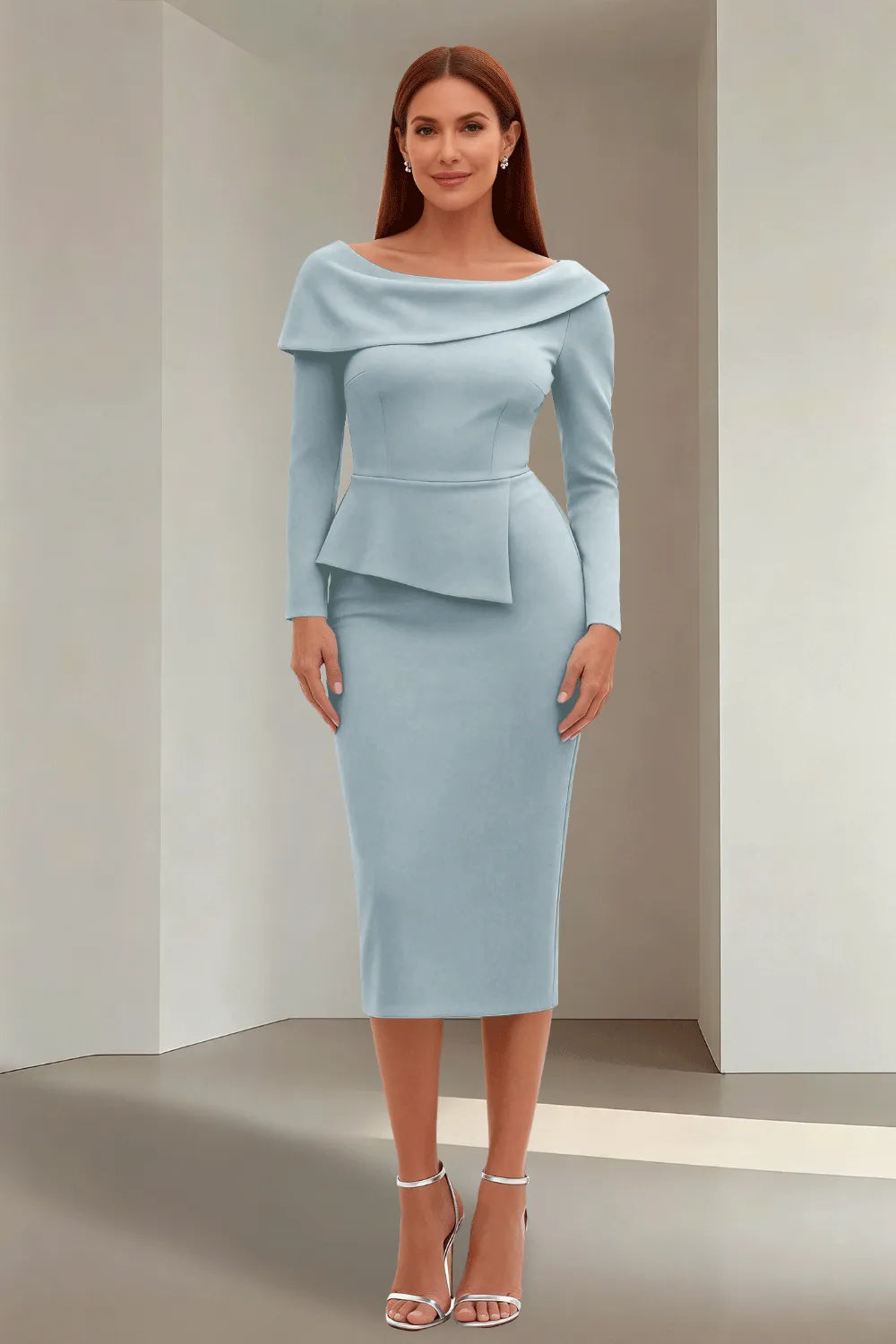 Simple Long Sleeve Formal Evening Midi Dress