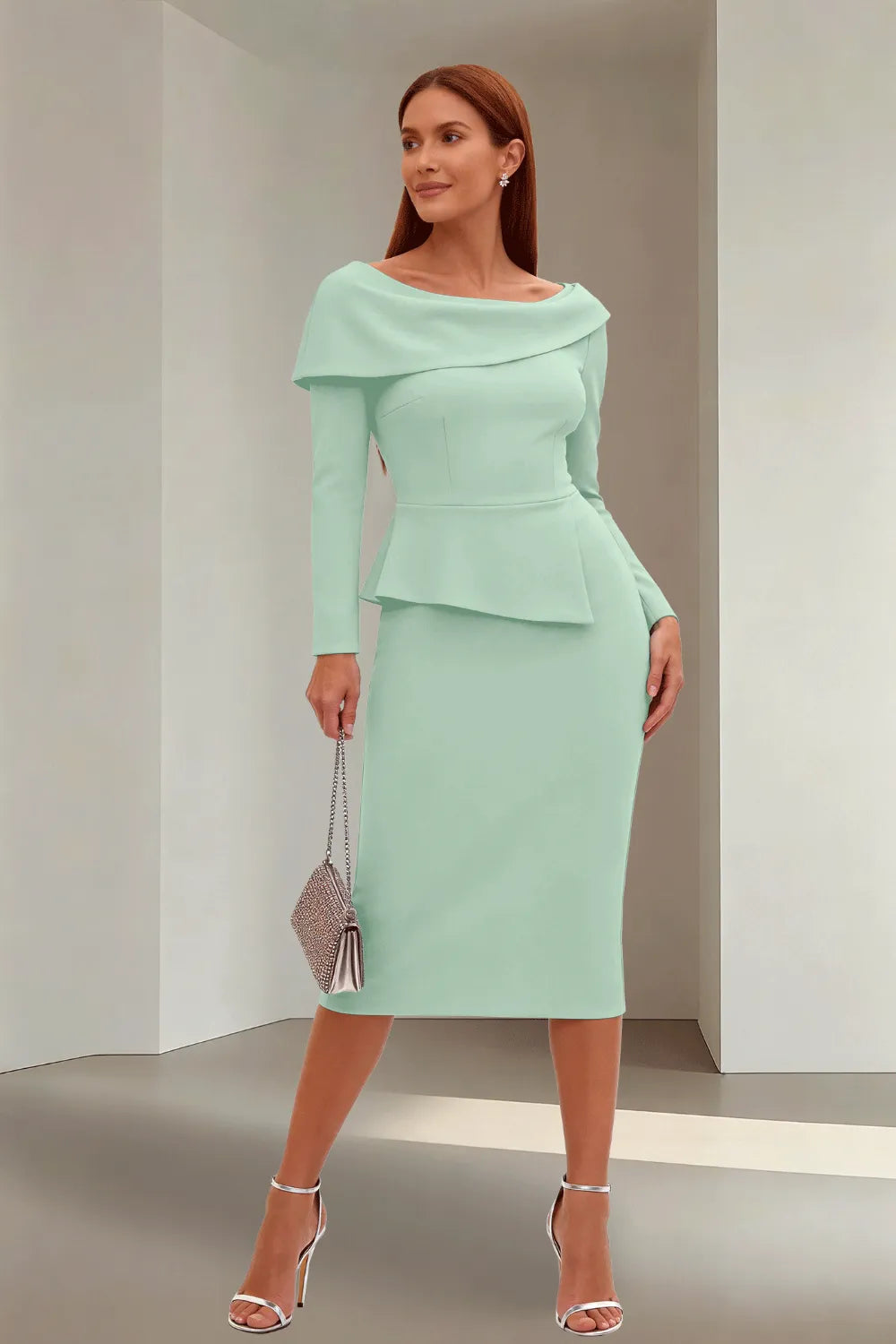 Simple Long Sleeve Formal Evening Midi Dress