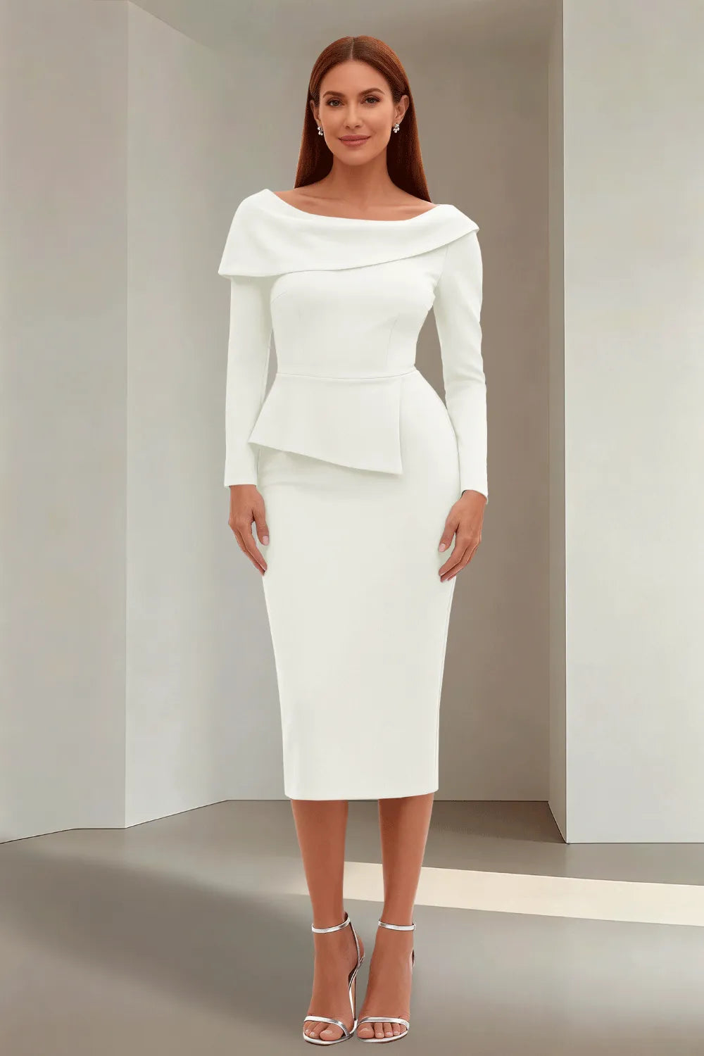 Simple Long Sleeve Formal Evening Midi Dress