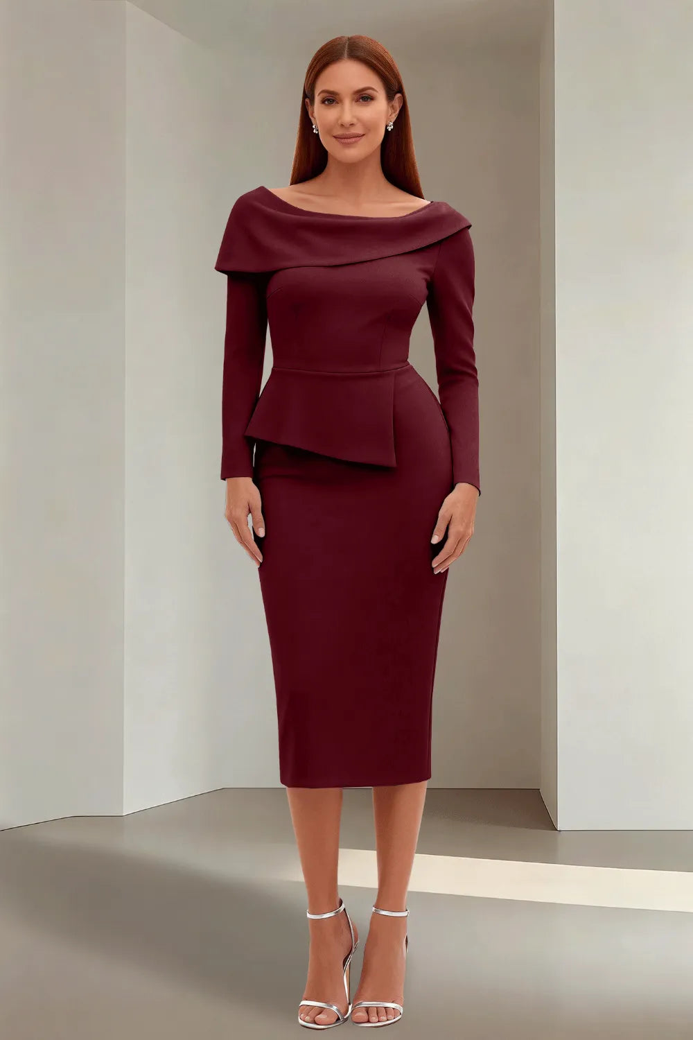 Simple Long Sleeve Formal Evening Midi Dress