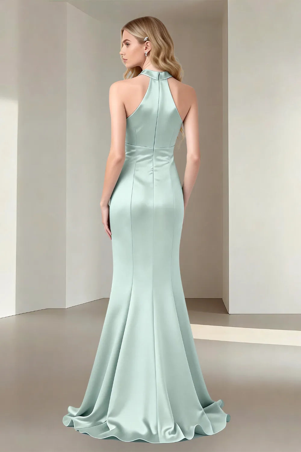 Halter High-Neck Satin Mermaid Evening Gown with Slit