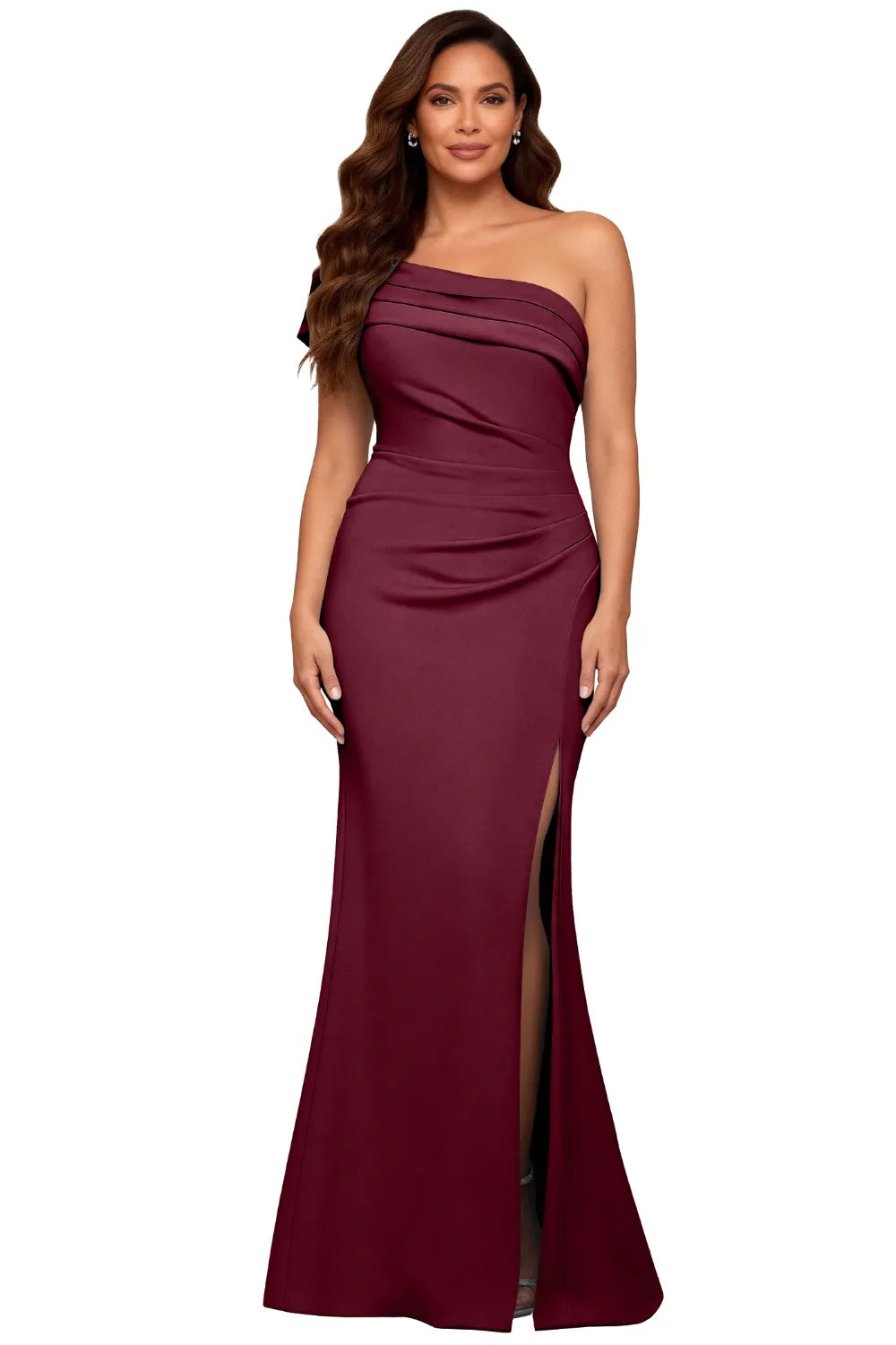 One Shoulder Satin Formal Evening Gown With Slit