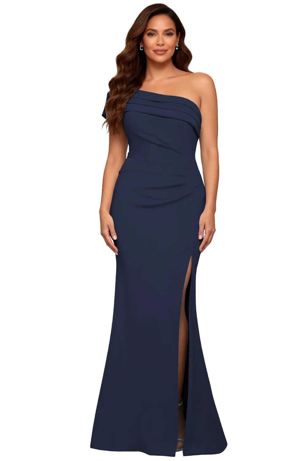 One Shoulder Satin Formal Evening Gown With Slit