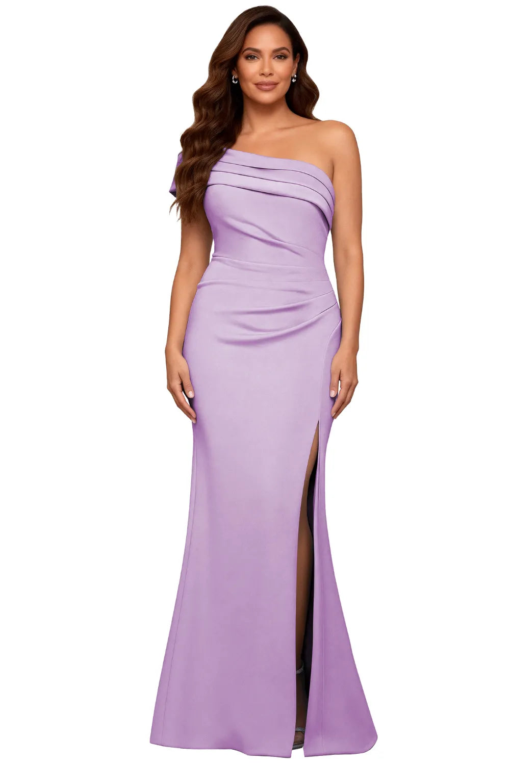One Shoulder Satin Formal Evening Gown With Slit