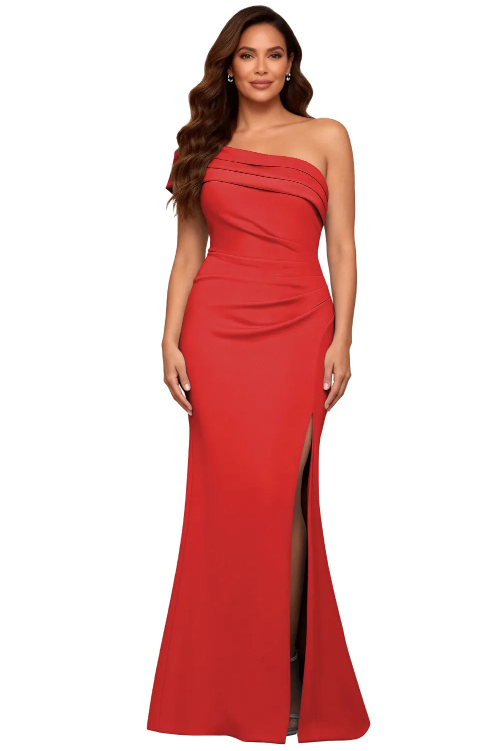 One Shoulder Satin Formal Evening Gown With Slit
