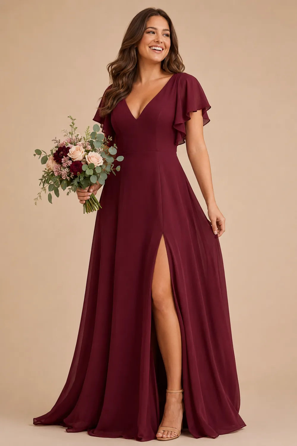 Flowing Flutter Sleeve Bridesmaid Dress
